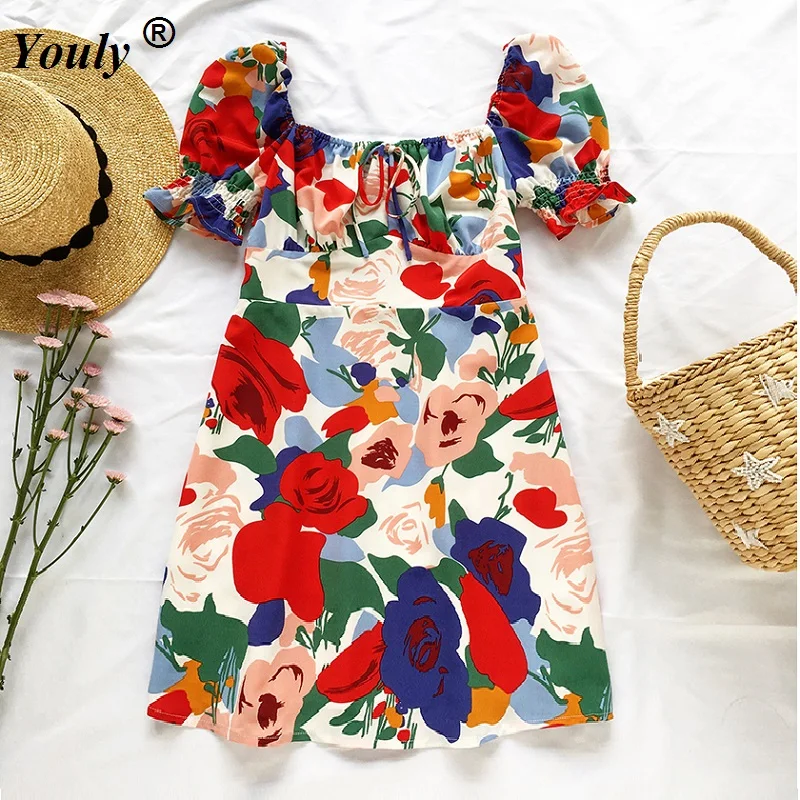 

French Holiday Bow Summer Dress 2021 Vintage Elegant Floral Print Beach Dress Slim Puff Sleeve Sexy Women Mini Dress Vestidos