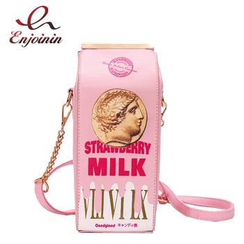 

Pink & Black Milk Carton Design Cartoon Print Hand Bags For Women 2020 Trend Small PU Leather Crossbody Bags Shoulder Chain Bag
