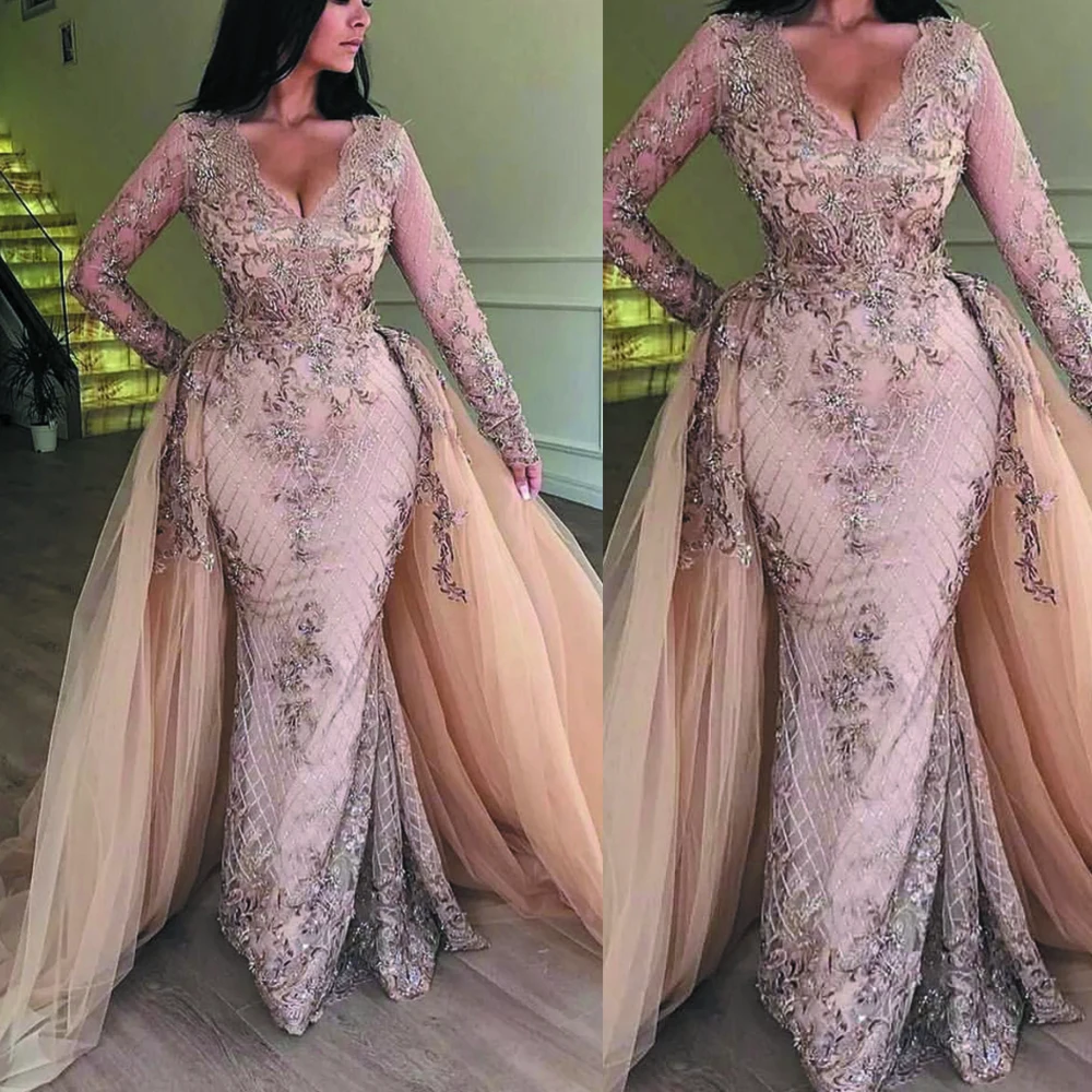 

SuperKimJo 2020 Abendkleider Detachable Skirt Champagne Evening Dresses Long Sleeve V Neck Lace Applique Beaded Evening Gown