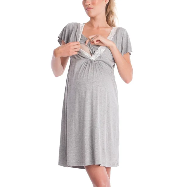 Gray Red Navy Black Nursing Pregnant Pajamas Mother Breastfeeding Nightgown 1