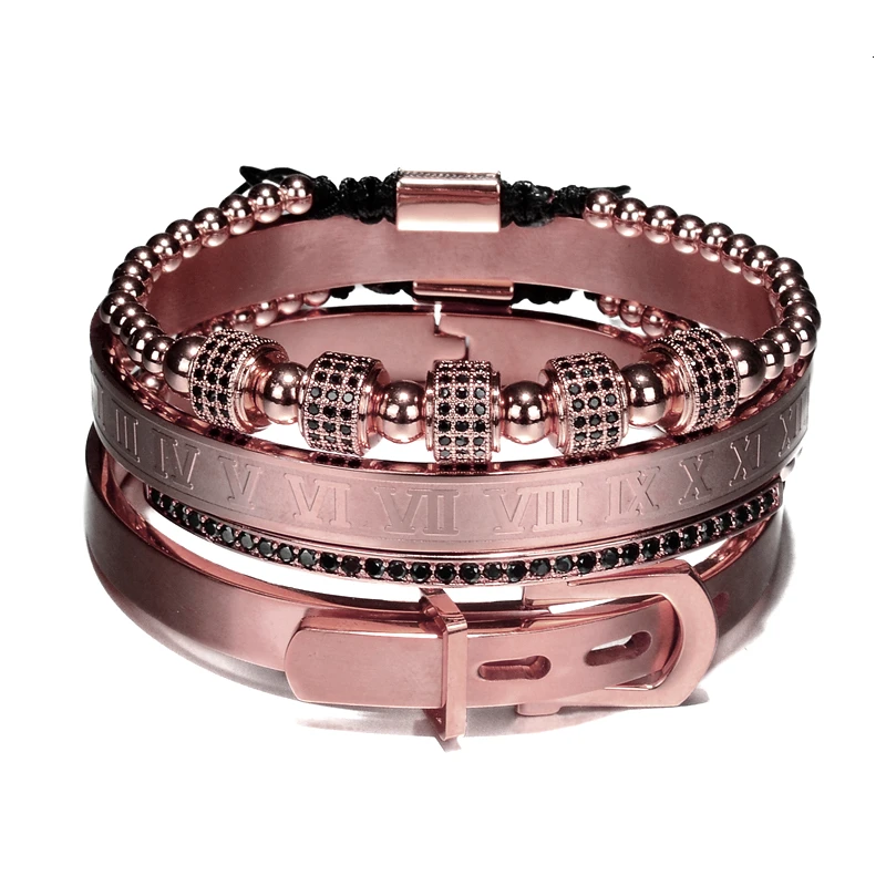 Rose Gold Set Роскошный Римский Королевский классический браслет на запястье из нержавеющей стали, модный Титановый стальной браслет с витой цифрой для мужчин - Окраска металла: Rose Gold Set