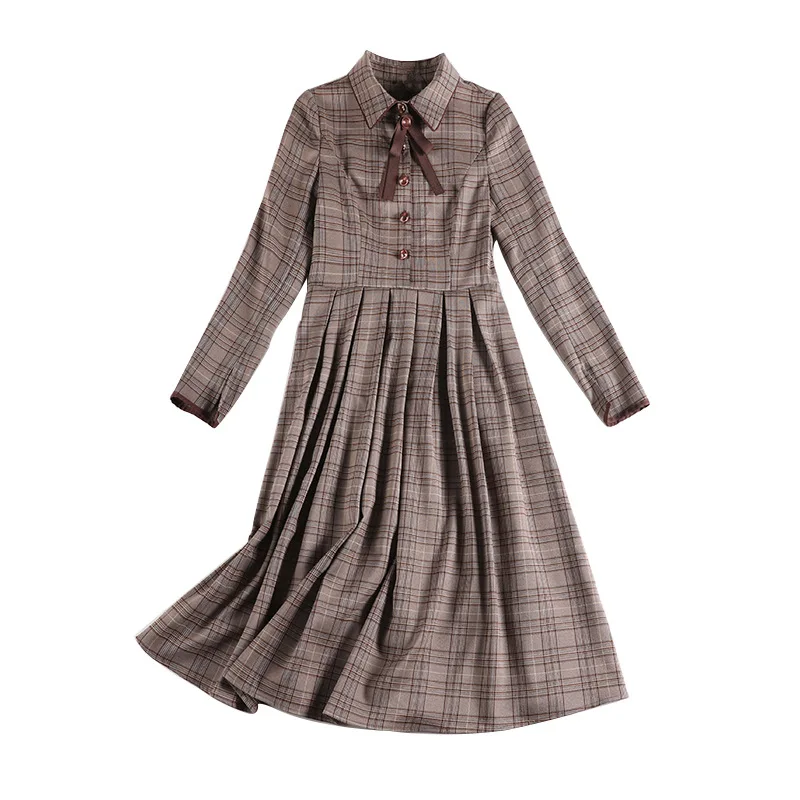 

Sping and Autumn Women Dress Plus Size Reduced Age Bow Collar Long Sleeve Plaid Button Decoration Preppy Style Dress for Lady