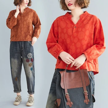 

COIGARSAM Vintage Loose blouse women New Spring V-Neck blusas womens tops and blouses Brown Orange 6647