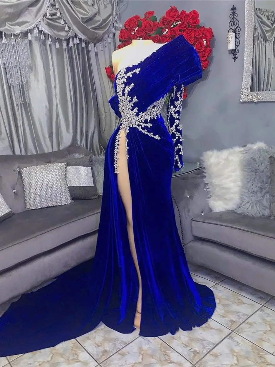 Blue Arabic Celebrity Dresses One Shoulder Mermaid Fashion Show Evening Dresses Beaded Dubai Party Gowns Robe De Soiree vintage prom dresses Prom Dresses