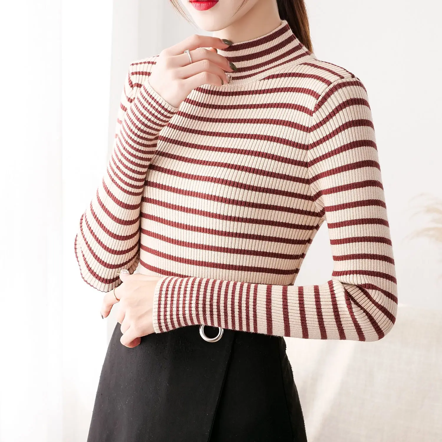 2019 короткие женские рубашки вязанные длинный рукав в полоску с круглым вырезом