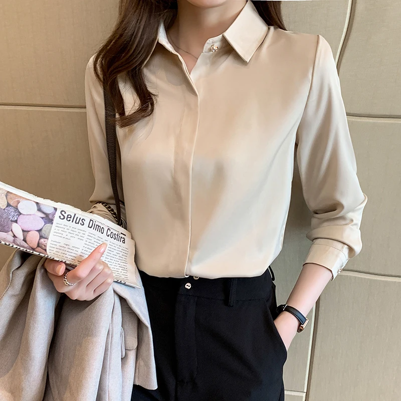 2022 Autumn Satin Women's Shirts Fashion Silk Button Solid OL Elegant Ladies Tops Long Sleeve Blouse Basic Women Shirts Blouses