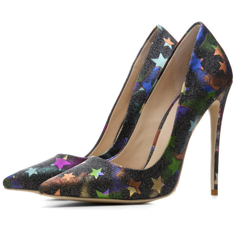 

Woman High Heels Bride Shoes Big Size 33 43 Valentine Shoes Stars Silver Gold Blue Green Red Sexy Pointed Toe Pumps