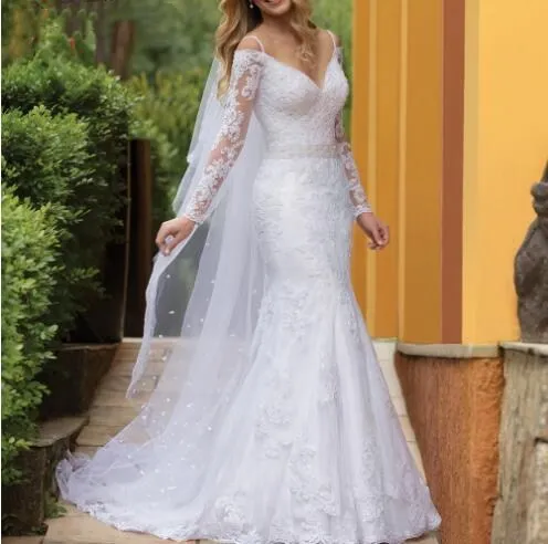 

Vestido de noiva Spaghetti Straps Lace Mermaid Wedding Dress Long Sleeves Bride Dress Robe de mariee Bead Waist Abiti da sposa