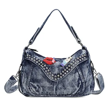 

2020 Women's red lip perfume bottle decoration big blue jeans handbag denim shoulder bag rivet cover crossbody bag handbag