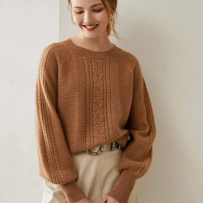 

Fashion mink cashmere hairy wool sweater thick warm lantern sleeve knit wool tops female hollow cut design cashmere sweater
