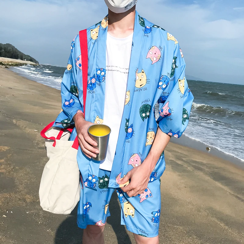 2 шт. унисекс японская одежда в стиле кимоно комплект мода Harajuku печати кардиган хаори шорты юката уличная летняя пляжная одежда - Цвет: Set4