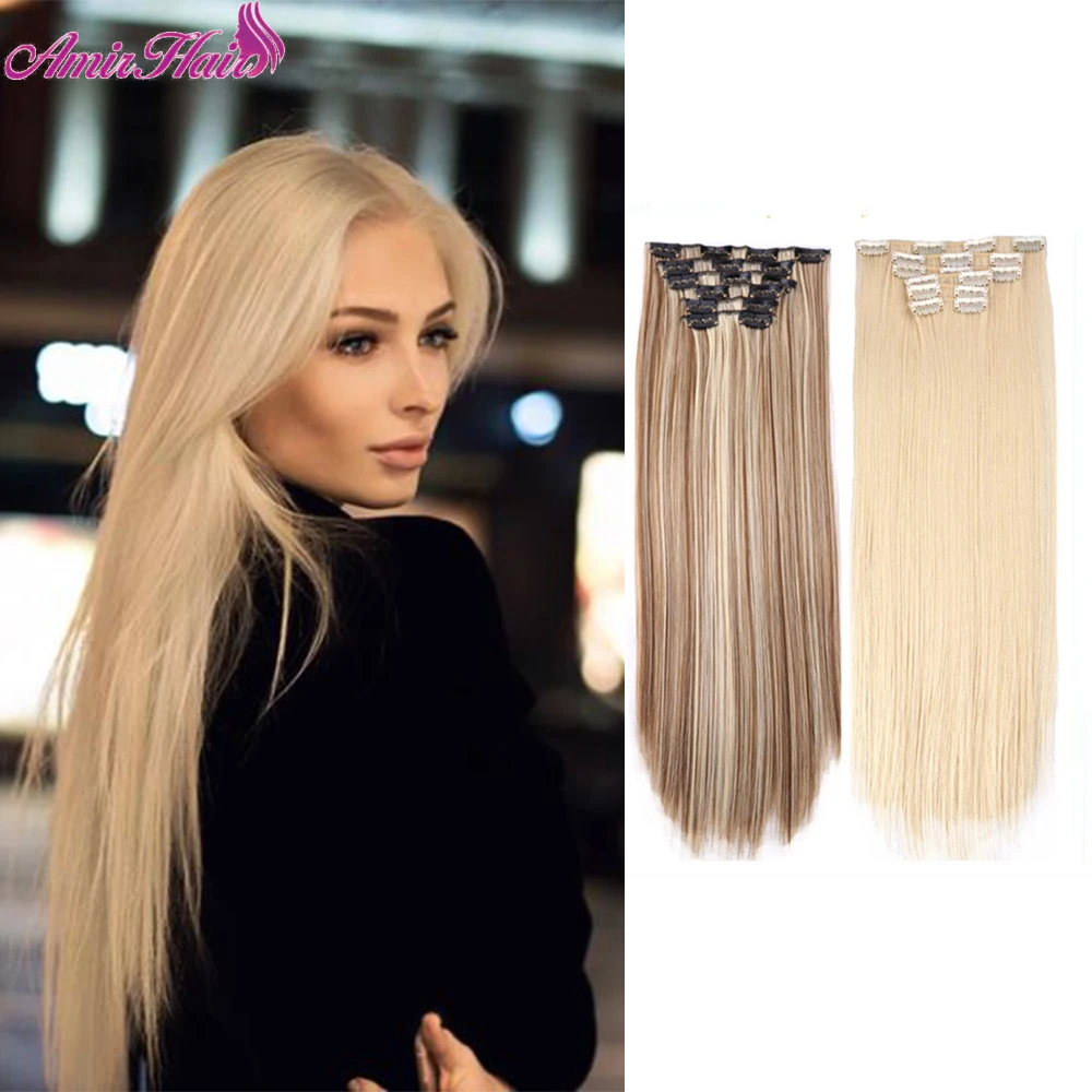 Amir Long Straight Clip in Hair Extensions 22Inch For White Or Black Women Synthetic False Hair Pieces Ombre Natural Dark Brown