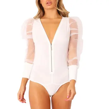

Women Jumpsuit Ladies Mesh Sheer Puff Sleeve Bodysuit Jumpsuit Solid V Neck Leotard Tops /BY