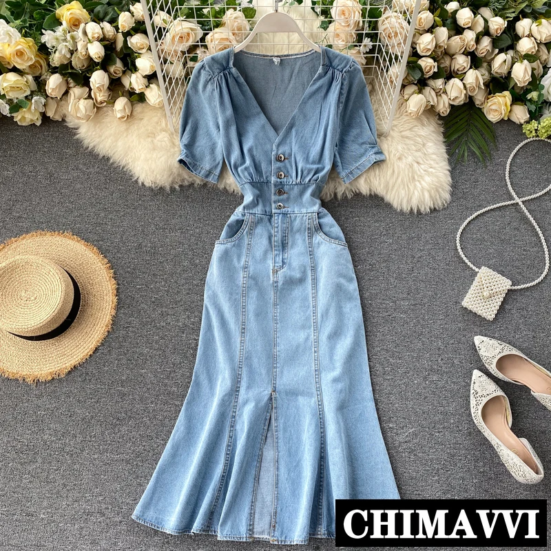 calf length denim dress