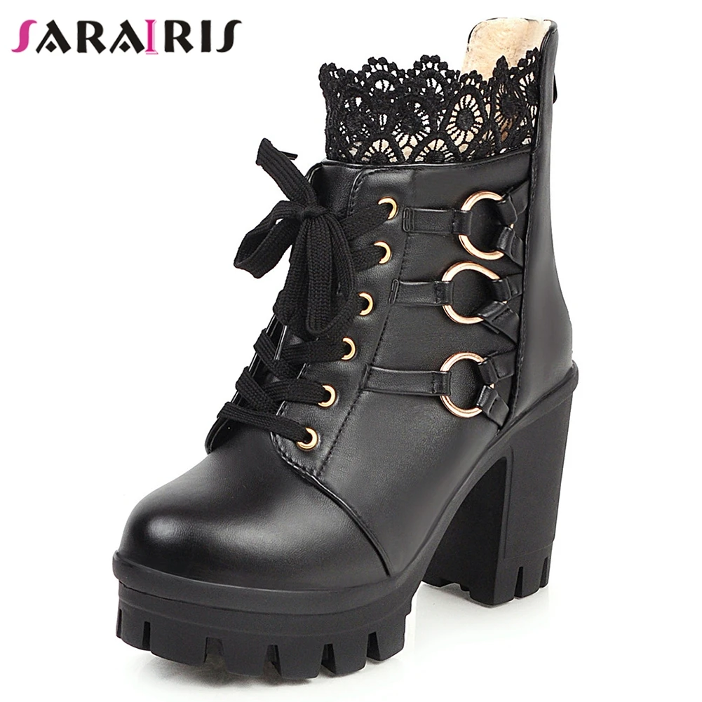 

SARAIRIS Big Size 33-43 Platform Fur Booties Ladies Winter Warm Ankle Boots Women 2019 Elegant Lace High Heels Shoes Woman