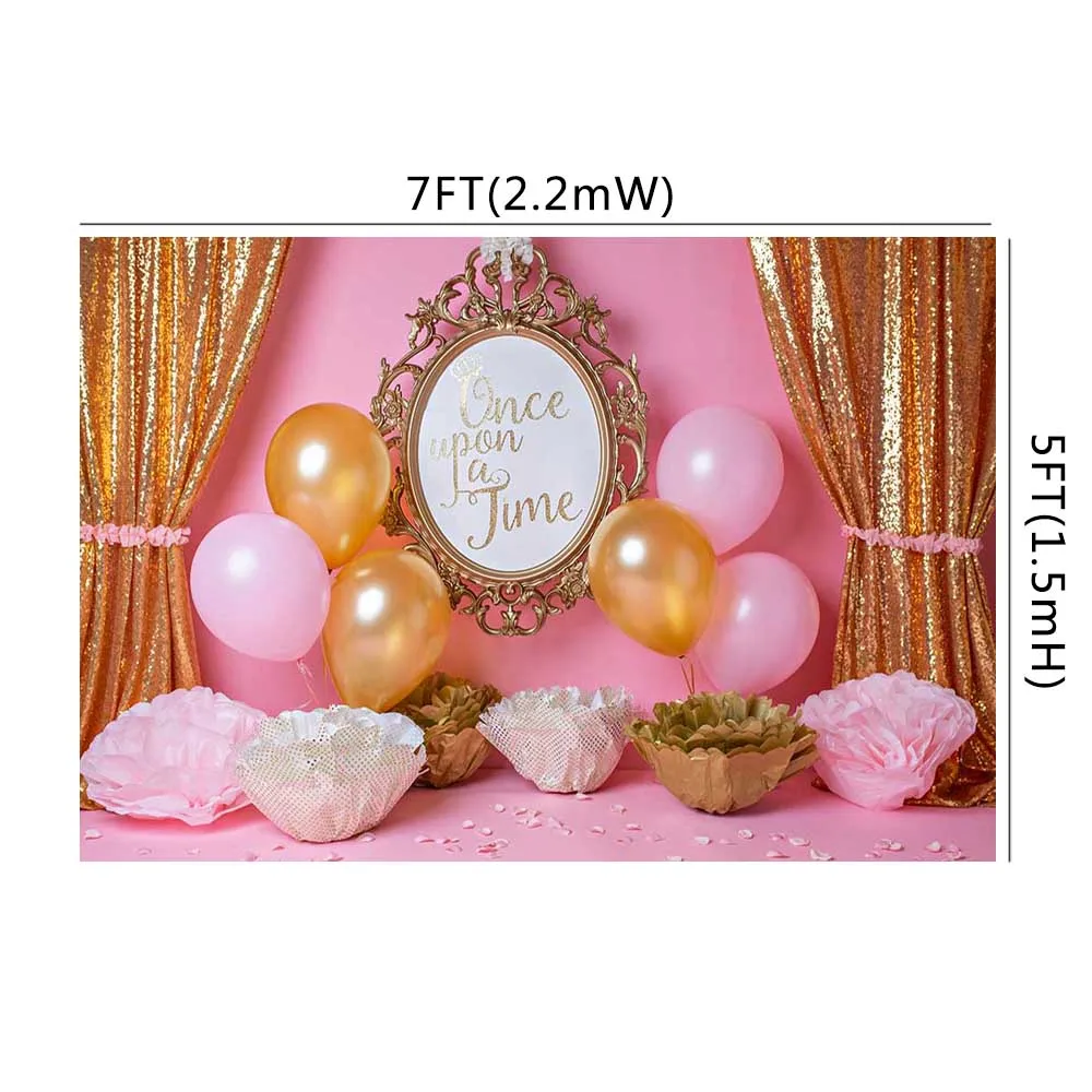 Once Upon A Time Theme Photography Background Baby Girl Birthday Photoshoots Gold Curtains Pink Balloons Cake Smash Backdrop Backgrounds Aliexpress