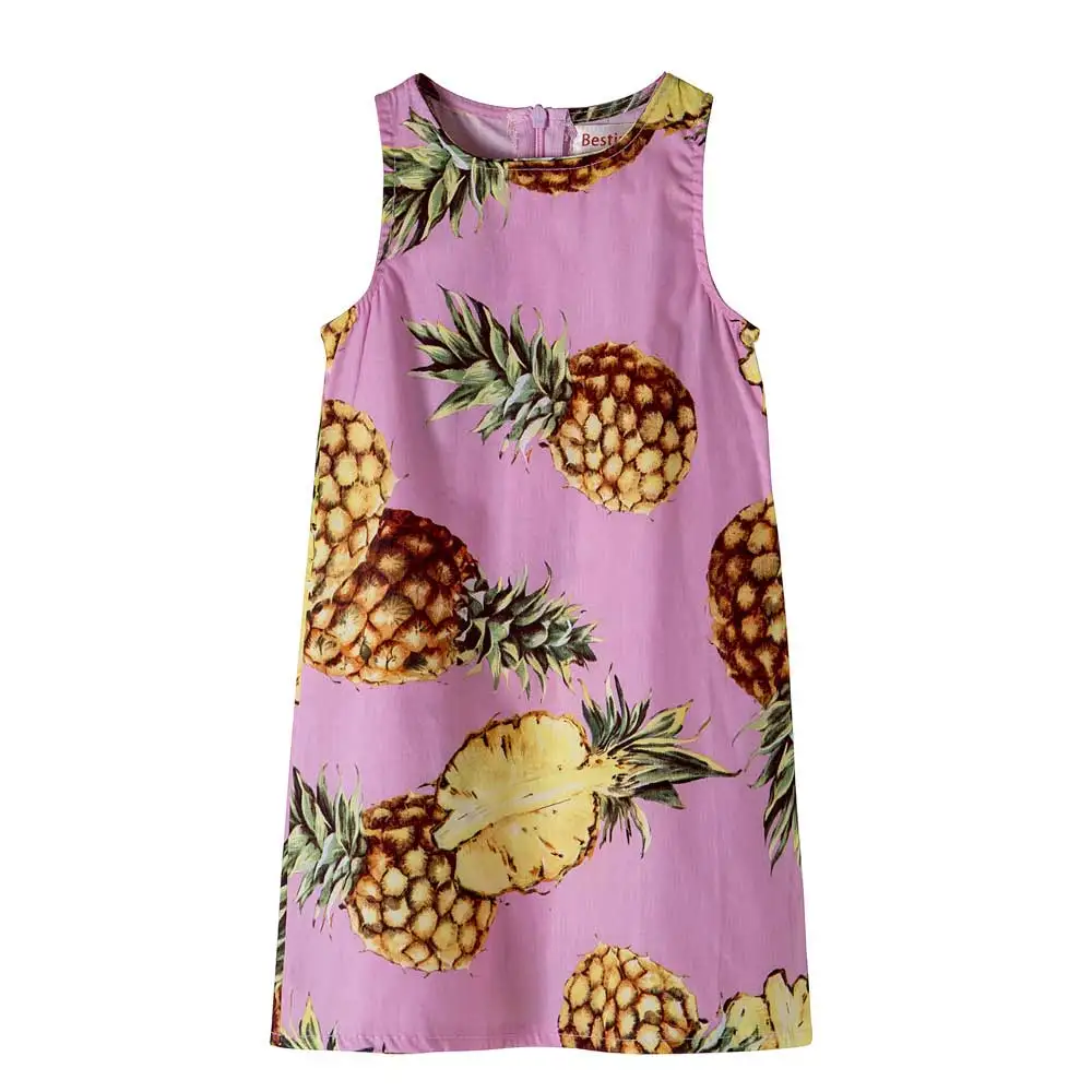 Летние Детские платья для девочек с ананасом и лимонами, платья для девочек хлопковый Детский сарафан без рукавов сарафан, одежда для девочек от 2 до 7 лет - Цвет: Pink Pineapple