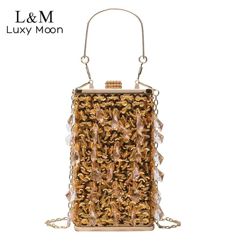 

Shiny Crystal Tassel Beading Evening Clutch Bag Designer Sequin Party Purse Square Box Rhinestone Chain Shoulder Handbag X726H