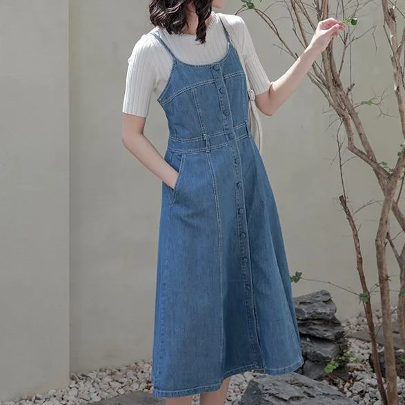 Dresses Women Sleeveless Denim Student O-Neck Baggy Ulzzang Leisure Summer Feminine Vestidos Chic All-match Elegant Solid Simple sun dresses