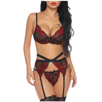 

Sexy bra set Sexy Women Embroidery Lace Sexy Lingerie With Garter +Thong Set Underwear lenceria robe sets нижнее белье женское
