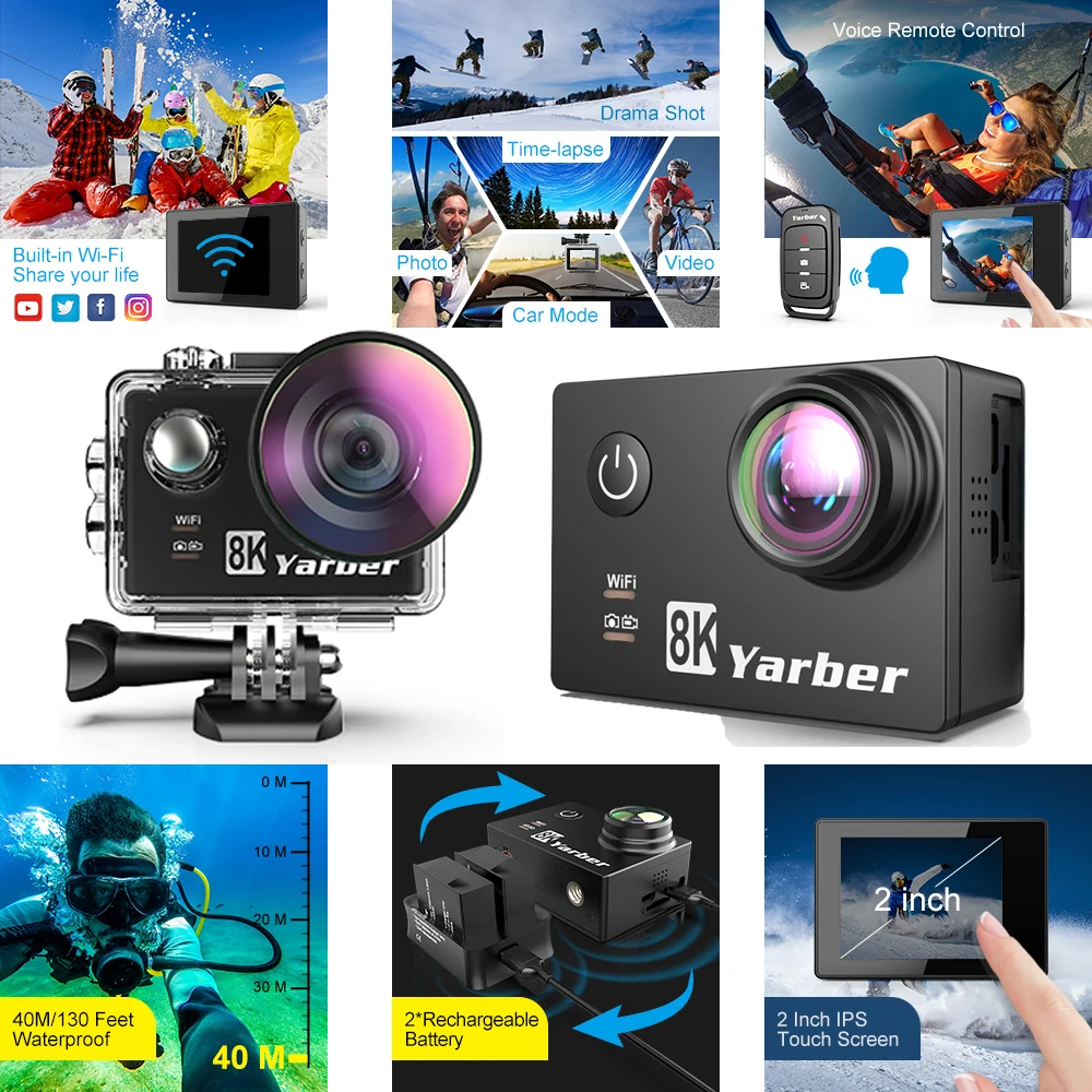 Экшн камера Yarber 8K Wi Fi 4K 60fps 20 МП HD 40 м водонепроницаемая с голосовым дистанционным