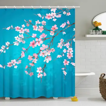 

Bathroom Curtain Set with 12 Hooks Floral Cherry Blossom Shower Curtains Fabric Bath Curtain Bathroom Decor," x ", Turquoise