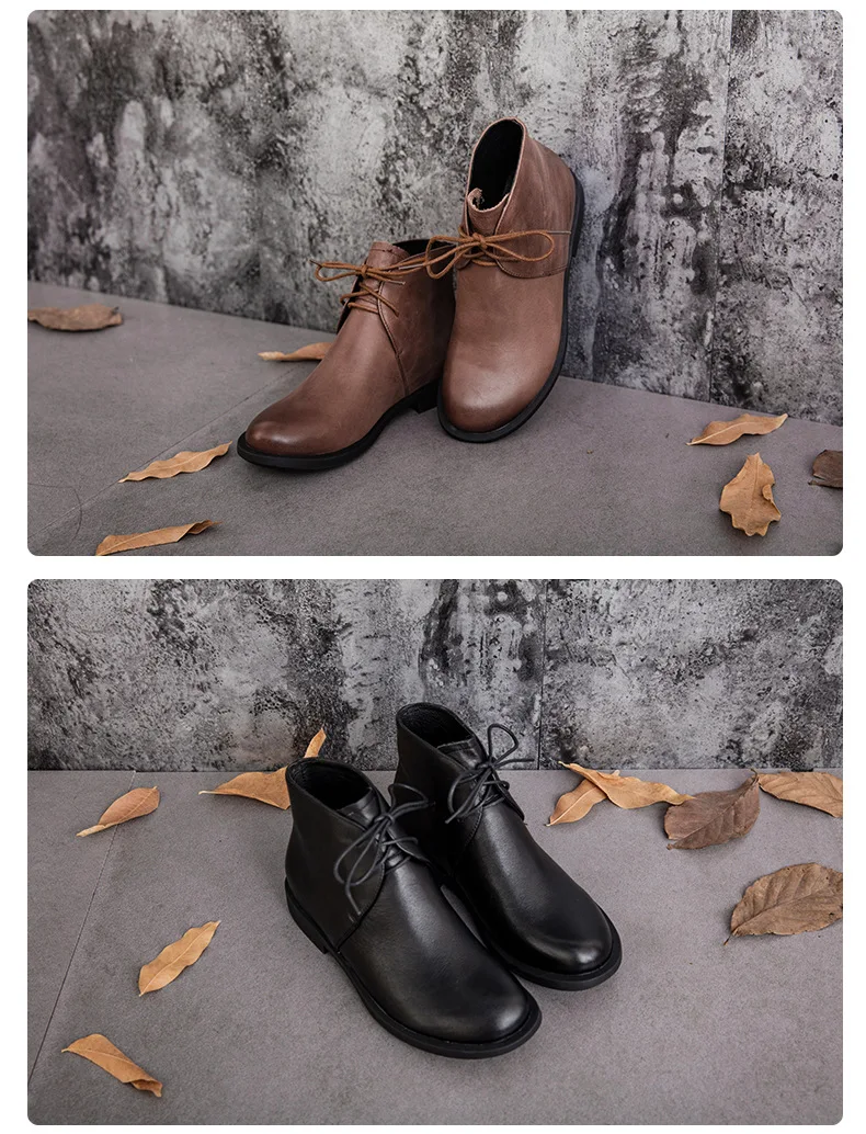 Female Genuine Cow Leather Woman Lace-up Ankle Black Boots Coffee Rubber Low Heels Height Zipper Riding Normal Size 35-40