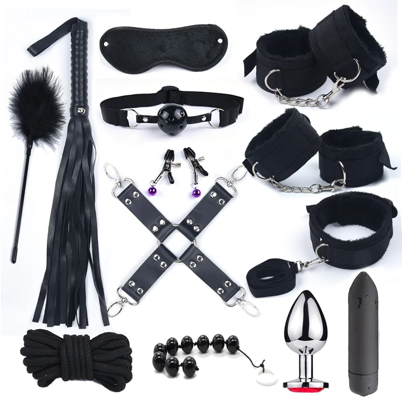 Sex Toys Bdsm 10 Speeds Vibrator Bondage Set Metal Handcuffs Nipple Clamps Whip Spanking Rope