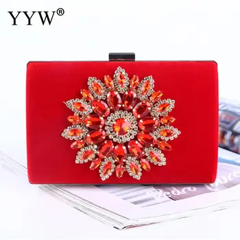 

Rhinestone Flower Shape Evening Clutch Bag Women Trendy Fashion Red Satin Box Bags 2019 Vintage Chain Crossbody Bags Party Sac