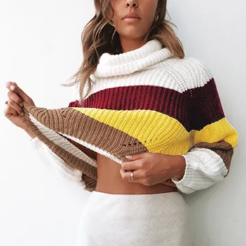 

Fall 2019 Striped Short Turtleneck Sweater Pullovers Women Pullover Patchwork Rainbow Sweater Knitwear Slim Cute Sweater