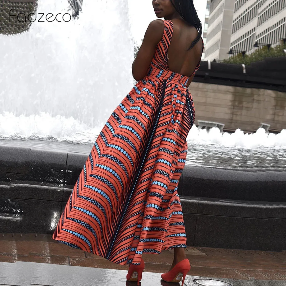 Fadzeco африканские платья для женщин Дашики Базен Анкара Платье Африканский Принт без рукавов с открытой спиной макси платье