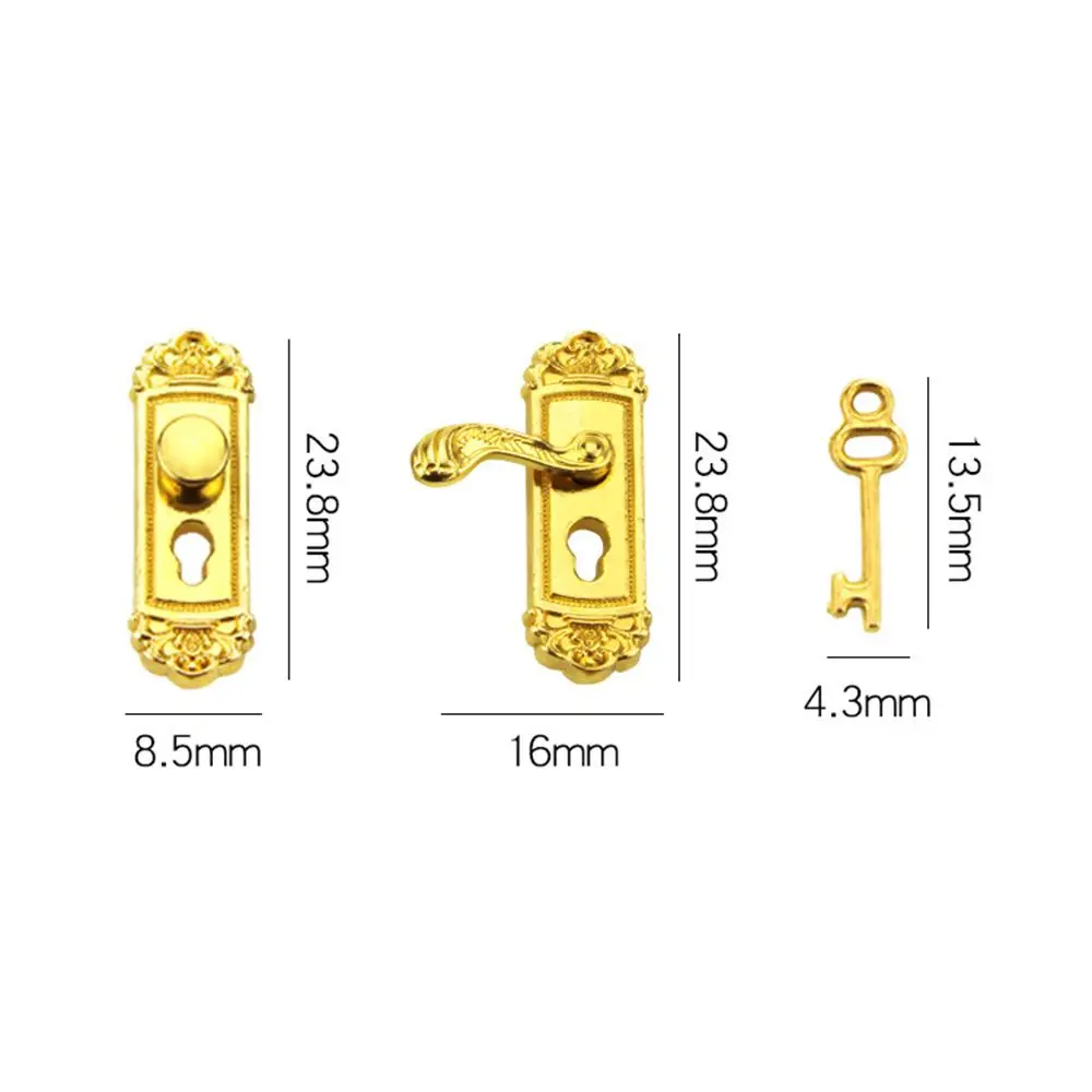 1Set 1/12 Scale Miniature Door Handles Dollhouse Lock Key Mini Furniture Pull Keyhole Plate Brass Knobs DIY Dollhouse Kids Gift doll accessories