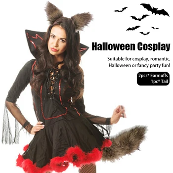 

Fancy Party Role Play Costume Halloween Cosplay Kids Adult Fox Tail Set Long Toy Christmas Gift With Clip Ears Props Accessories