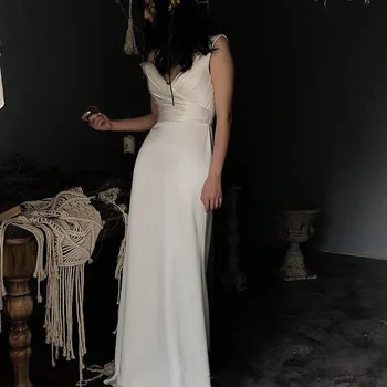 

Double V-Neck Mermaid Satin Wedding Dresses 2019 Simple Elegant Off the Shoulder Sleeveless Bride Wedding Gowns Aftenkjole