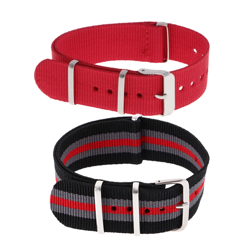 Prettyia 2pcs Mens Red Stripe Woven Nylon Watchband Watch Strap Replacement