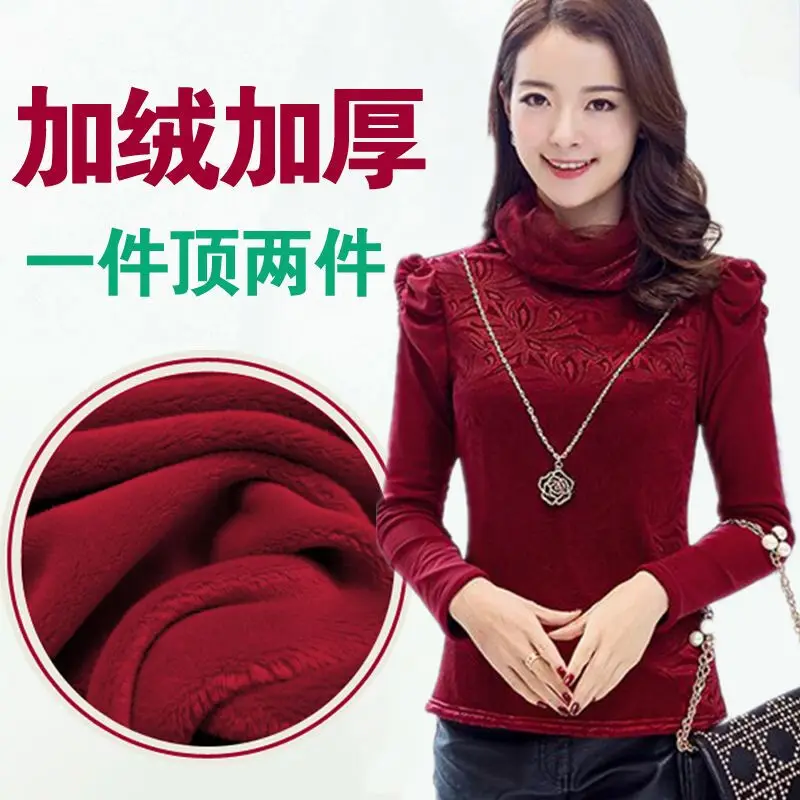 여성용 터틀넥 레이스 셔츠 블라우스, 라지 사이즈 여성복, 가을, 겨울