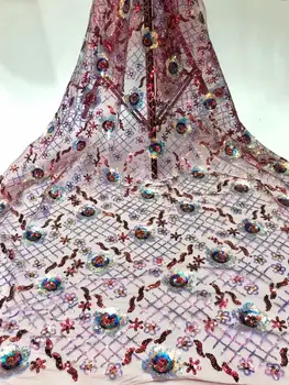 

African Lace Fabrics red High Quality Tulle Lace Nigerian Sequins Lace Fabric France Milk Silk French Net Lace Fabric wedding FJ