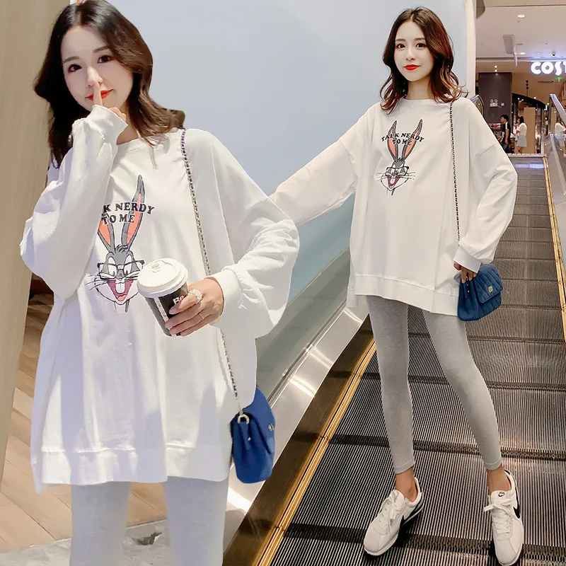 

Spring And Autumn Mid-length Dress Fashion Models Tops Women's Cartoon Rabbit Printed Loose-Fit Hoodie Maternity Clothes