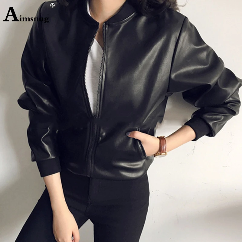

Aimsnug Leather Jackets Women Autumn 2020 Black Washed Mandarin Collar Zippers PU Leather Baseball Jacket Ladies Casual Coats