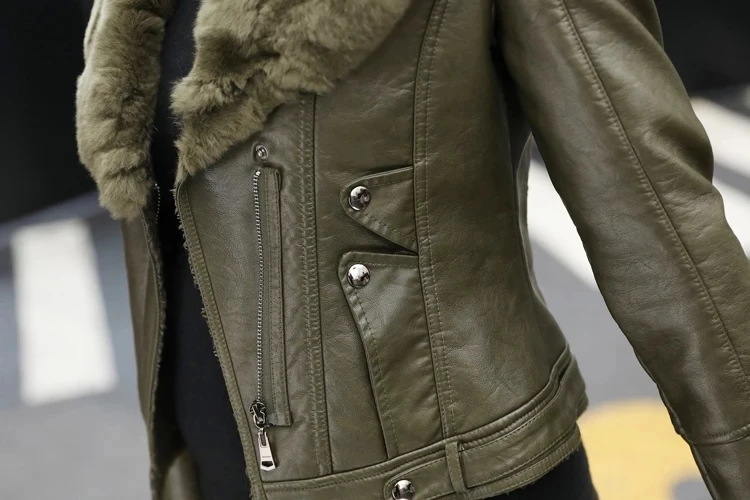 Тема 21 из искусственной кожи Куртка Новинки для женщин модное, в форме оливы кролик меховой воротник шерстяное теплое пальто Короткие Искусственная Кожа Верхняя одежда; куртка на молнии