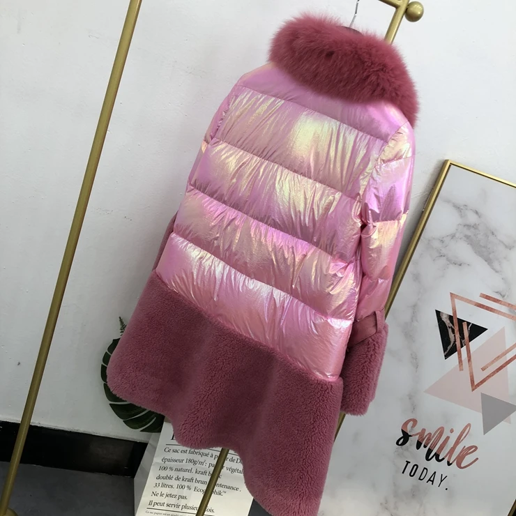 Down Jacket Women Winter Down Coat Female Fox Fur Waist Slimming Wool Stitching Light Reflecting Jackets Thick Warm HS725