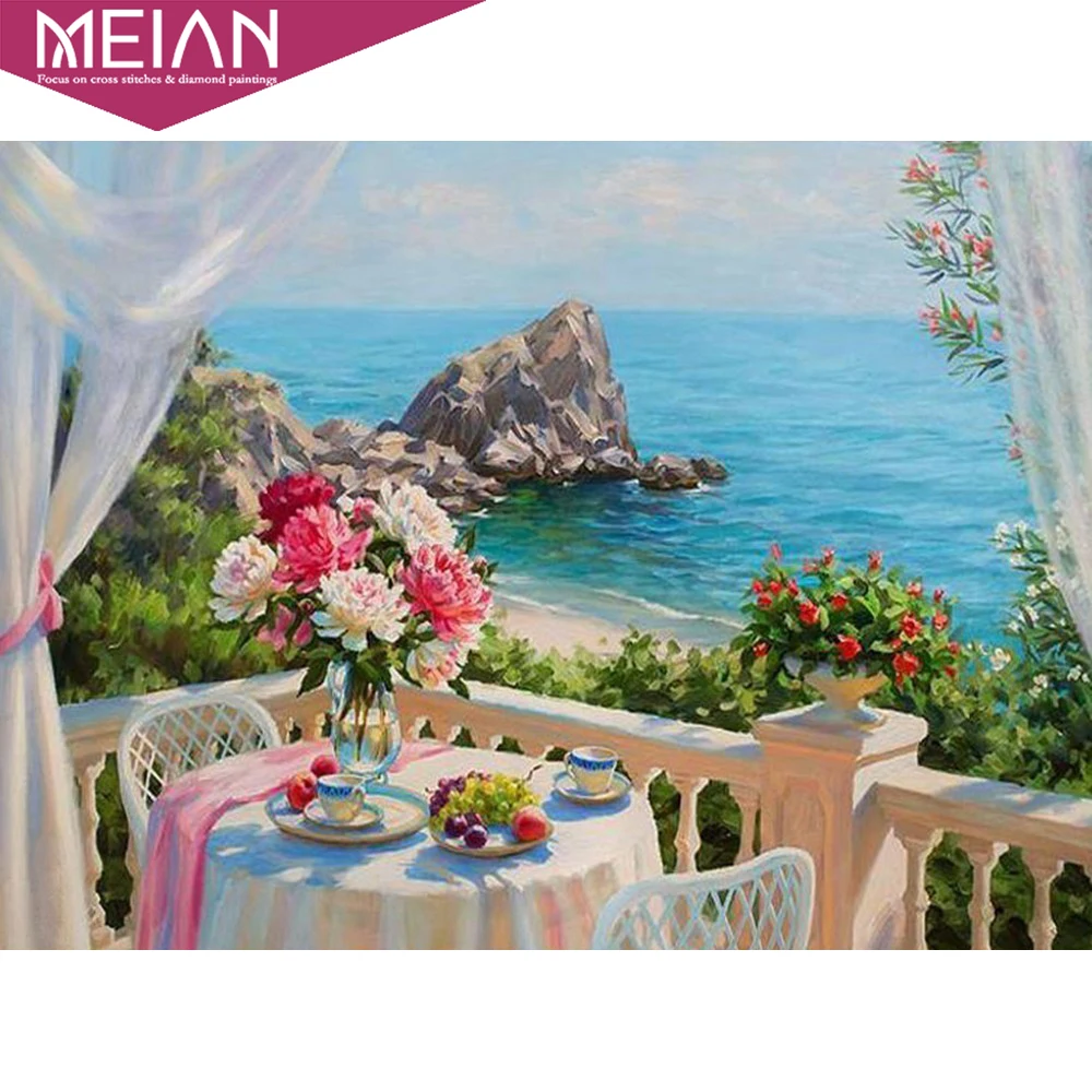 

Meian Full Drill Round Diamond Painting Landscape 5D DIY Diamond Embroidery Flowers Home Decoration Sea Picture Of Rhinestone