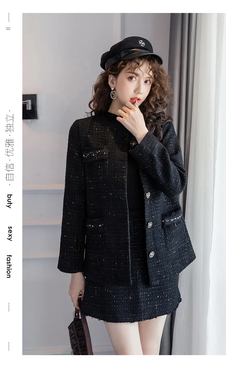 Black Tweed Blazer Skirt Two Piece Sets Autumn Winter New Ladies Tweed Jacket+ Skirt Coat Women Suits Clothes Wholesale