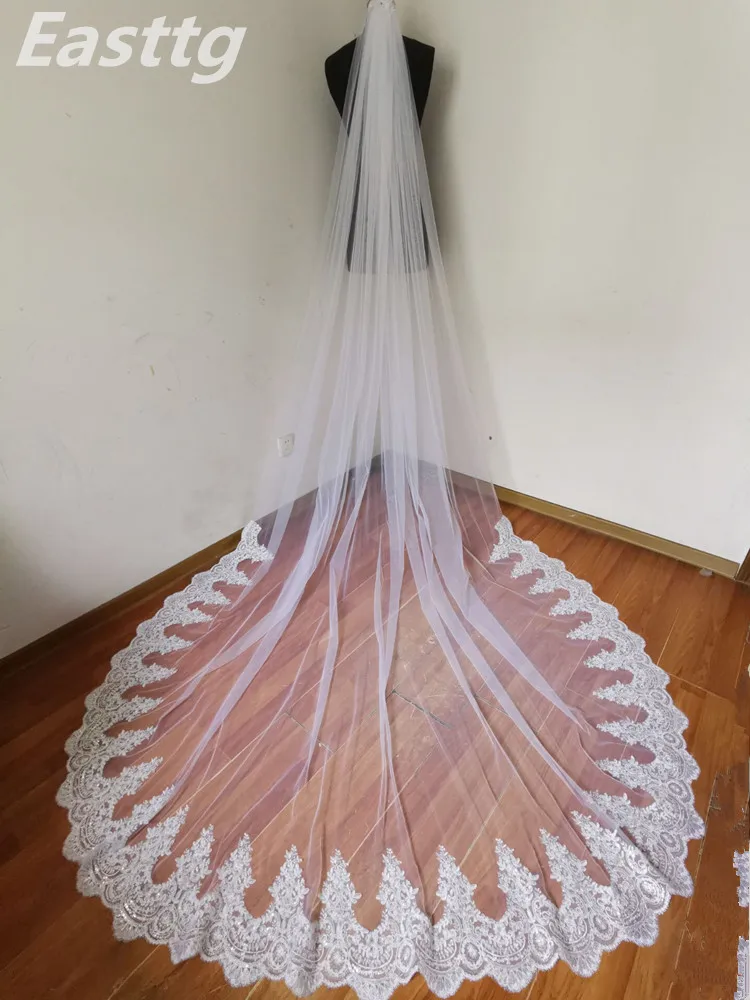 Настоящая фотография белого цвета слоновой кости 10" W x 120"(3 метра) свадебная вуаль собора длинная кружевная Фата с расческой свадебные аксессуары