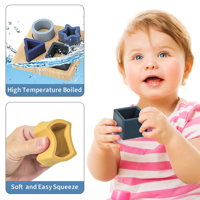 Silicone+Wooden Geometric Shape Imposition Building Soft Block Silicone Teether Building 3D Folding Educational Game Toy 4