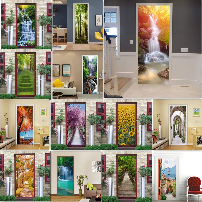 PVC Wallpaper 3D Door Sticker Natural Scenery Poster Kitchen Bed