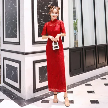 

Red Plus Size 3XL Short Sleeve Classic Women Lace Cheongsam Elegant Long Sexy Qipao Summer Embroidery Dress Mandarin Collar