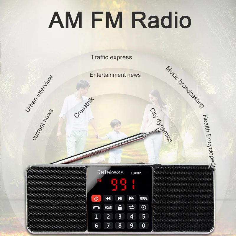Negro Retekess TR602 Am FM Radio Estéreo Portátil con Reproductor de MP3 Inalámbrico Altavoz Entrada AUX Soporte Tarjeta TF Unidad USB Temporizador de Apagado 