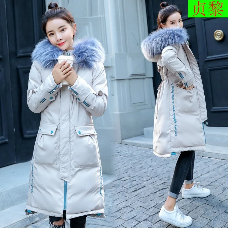 

Long Cotton Coat Female Winter 2018 New Style Korean-style Slim Fit Mid-length over-the-Knee Thick Large Fur Collar Cotton Overc