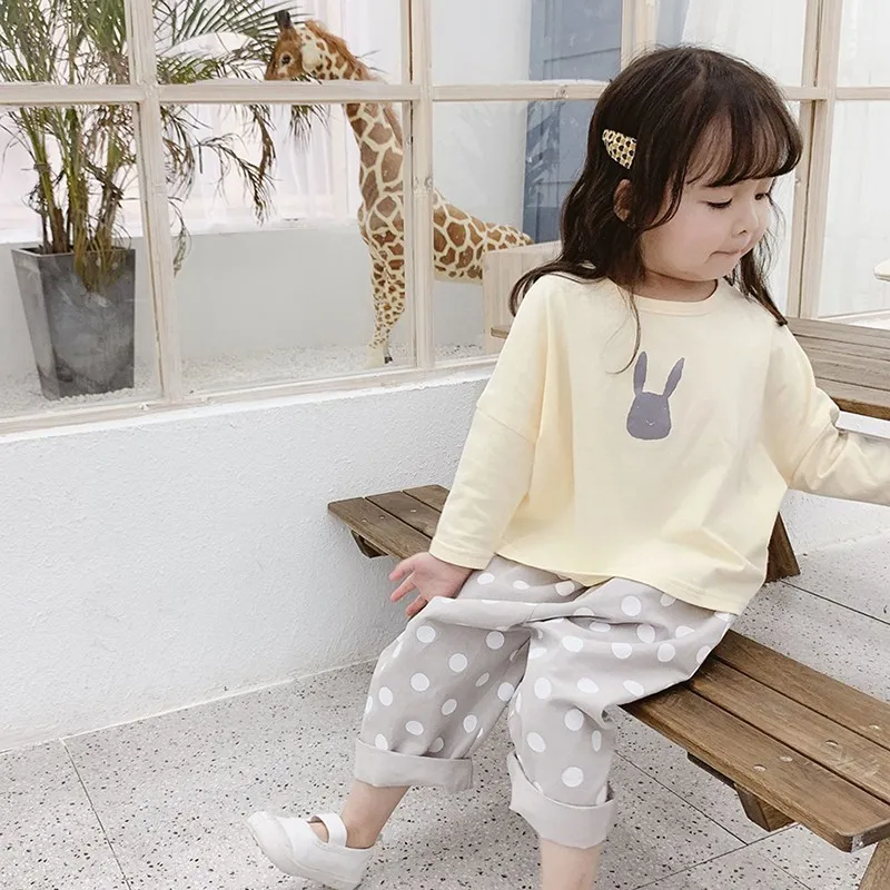 Новые осенние хлопковые длинные штаны с принтом в горошек для маленьких мальчиков и девочек повседневная одежда с низом для малышей От 1 до 8 лет милые брюки для годовалых девочек